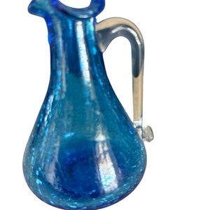 Vintage Blue Pilgrim Glass Hand Blown Small Pitcher Crackle Glass